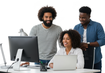 Diverse team collaborating effectively in a modern office environment with technology transparent background