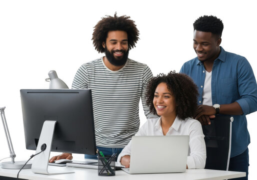 Diverse team collaborating effectively in a modern office environment with technology transparent background