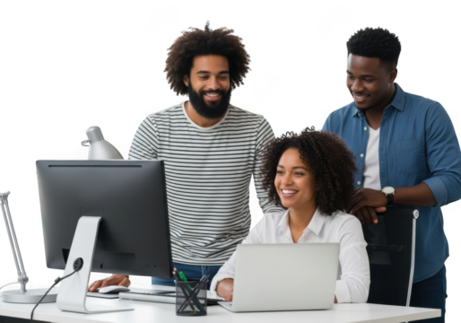 Diverse team collaborating effectively in a modern office environment with technology transparent background