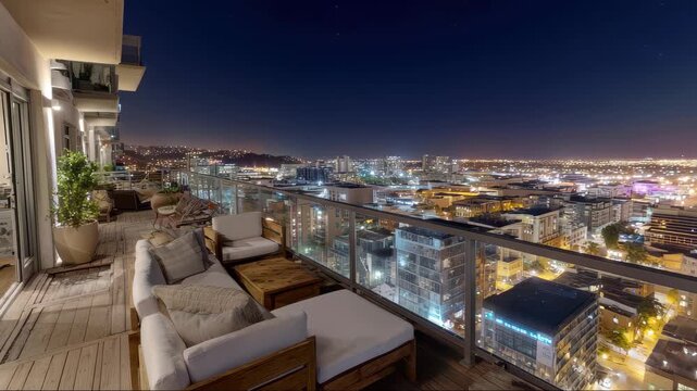 Luxury penthouse balcony offers stunning skyline views at night with comfortable seating and city lights below