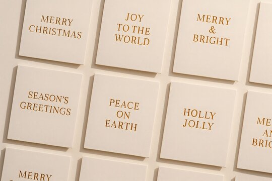 Elegant holiday cards with festive greetings displayed in a grid pattern on a beige background.