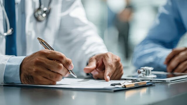 Doctor writing on a clipboard with stethoscope and patient in medical setting