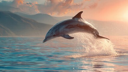 Fototapeta premium Dolphin leaping from water at sunset capturing ocean and mountain landscape