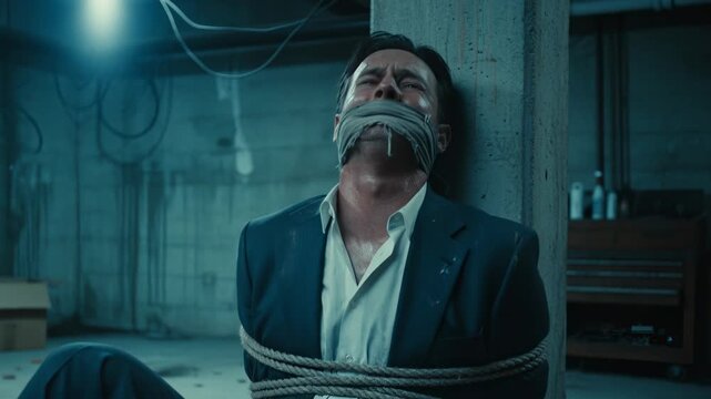 A bound and gagged man in a dark basement. A frightened kidnapped businessman, a captive in a suit, cries