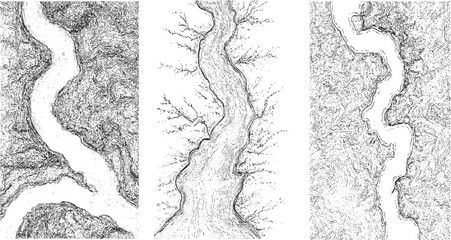 Three black and white ink drawings of winding rivers flowing through textured landscapes water nature