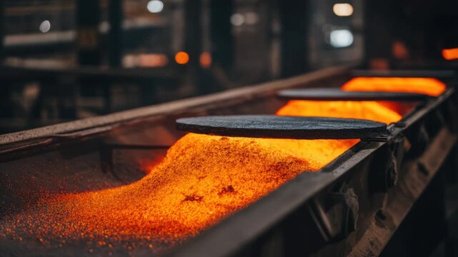 Close-up of a industrial process, highlighting glowing hot materials and mechanical components