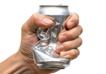 Hand crushing a crumpled silver aluminum beverage can image