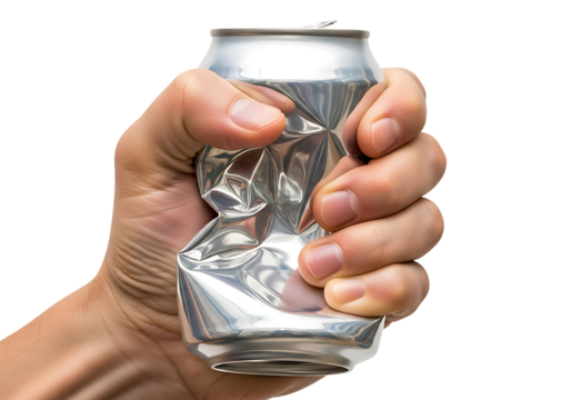 Hand crushing a crumpled silver aluminum beverage can image