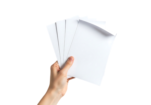 Hand holding fanned white paper sheets against black image
