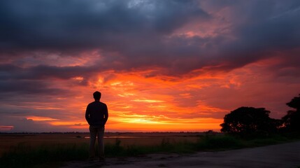 Naklejka premium Solitary traveler silhouetted against a dramatic fiery sunset with burning horizon and stormy clouds