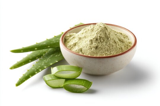 Aloe vera powder in a bowl, alongside fresh leaves