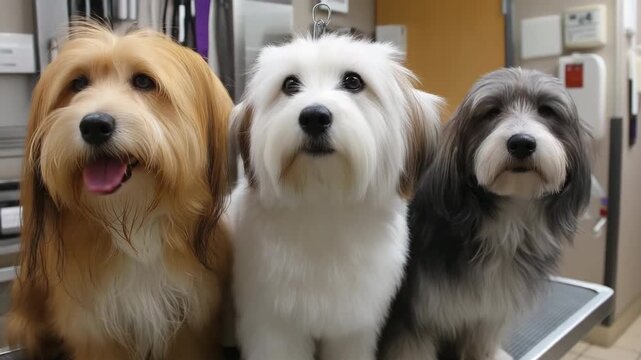Three adorable havanese dogs in grooming salon setting