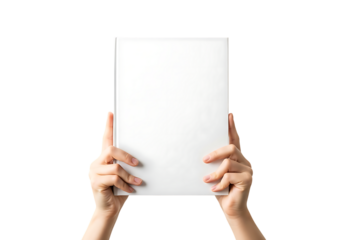 Hands holding blank white book cover against image
