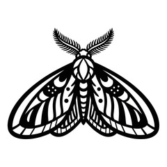 Stylized Black and White Moth Illustration with Intricate Wing Patterns.