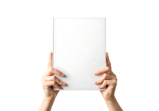 Hands holding blank white book cover against image