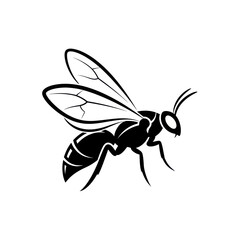 Stylized Black Wasp Insect Illustration Flying Side View.