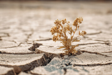 Close up of lone wilting plant emerging from parched cracked earth, symbolizing resilience in harsh conditions. dry landscape highlights struggle for survival