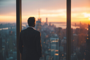 Businessman in suit stands at large window, gazing at stunning sunset over city skyline. warm colors of sky reflect moment of contemplation and ambition