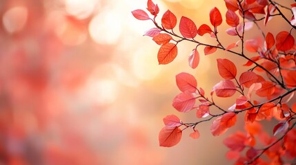 Vibrant red leaves of autumn glow in sunlight during a serene nature walk in a peaceful park setting