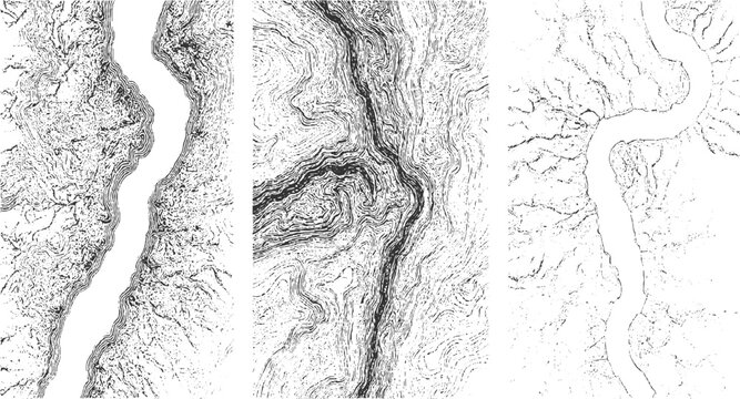 Abstract topographic contour lines forming river valley and mountain terrain patterns topography