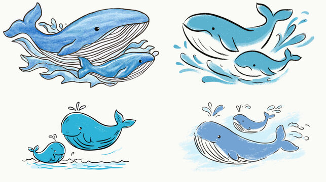 Cute whale family illustrations in a playful hand drawn style. Adorable blue whales splashing in the water, perfect for children themes, nursery designs, and friendly marine artwork.