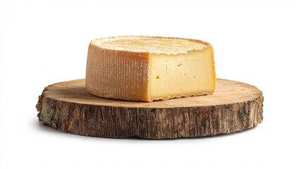 Delicious cheese round displayed on rustic wooden board for farm-to-table serving