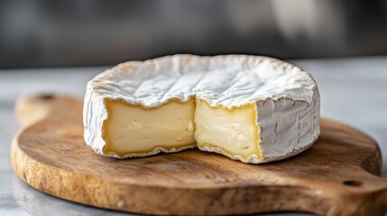 Delicious creamy cheese served on a wooden board for tasting in a cozy kitchen setting