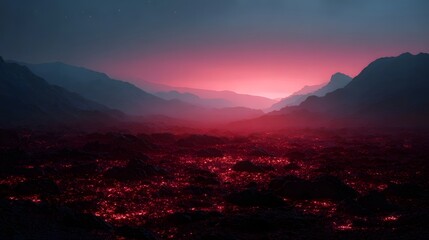 A desolate volcanic landscape under a dramatic twilight sky with glowing red embers illuminating the rugged terrain and distant mountains