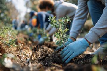 Volunteers planting small trees in community garden, showcasing teamwork and environmental care. scene reflects dedication to nature and sustainability, with hands in soil and greenery around