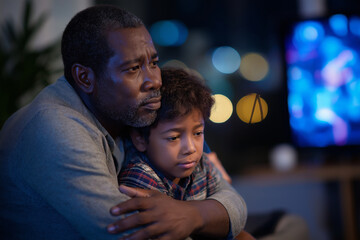 Parent comforting child, both looking worriedly at screen, expressing concern and care in cozy indoor setting. warm lighting creates emotional atmosphere