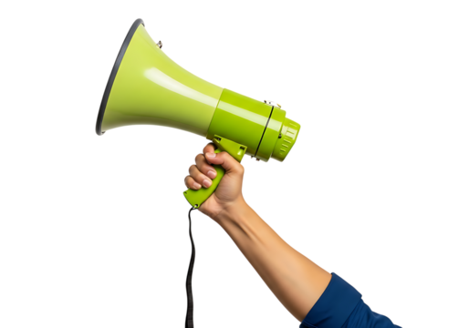 Hand holding a bright green megaphone against a dark background image