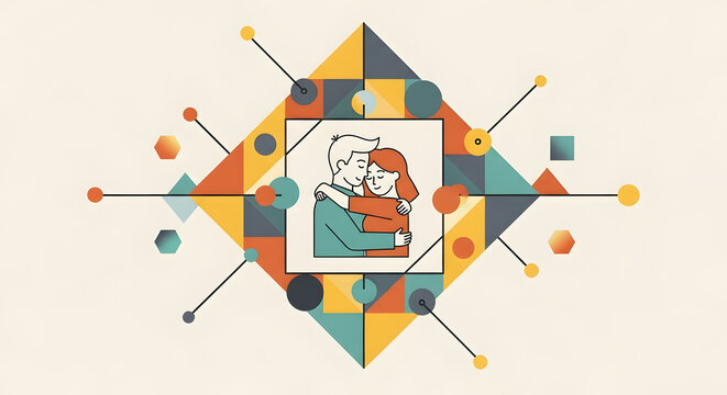 Couple embracing surrounded by abstract geometric shapes and network lines