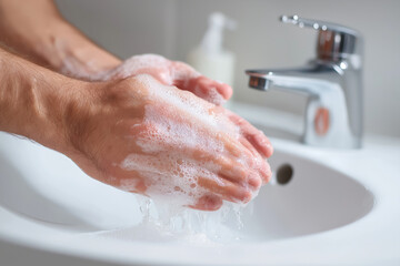 Washing hands thoroughly with soap creates rich lather, promoting hygiene and cleanliness. This essential practice helps prevent spread of germs and ensures health safety