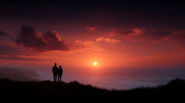 A couple silhouetted on a hill admiring a vibrant fiery sunset over the ocean