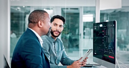 Trading, men and computer with tablet discussion for market trends, stock price or data analysis. Trader dashboard, teamwork and graph screen in office for investment advice, economy news or feedback - Powered by Adobe