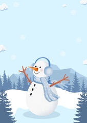 Festive Christmas Sale Banner and Social Media Frame with Snowman, Snowy Winter Scenery, Christmas Tree Elements and Snowflakes, Ideal for Holiday Discounts, Web Advertisements, Seasonal Poster