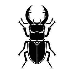 Detailed black and white illustration of a stag beetle insect.
