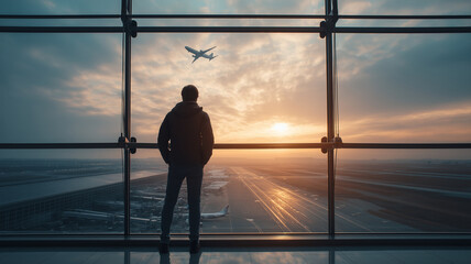 Person stands by large airport window, gazing at airplane flying in sky during sunset. scene captures sense of anticipation and wonder as sun casts warm glow over landscape