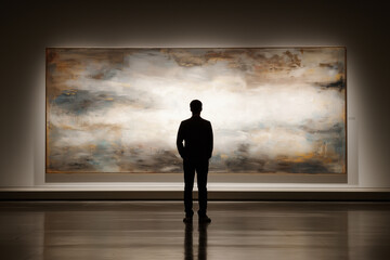 Person stands in front of large abstract painting in gallery, admiring artwork. scene captures moment of contemplation and appreciation for modern art, with soft lighting enhancing atmosphere