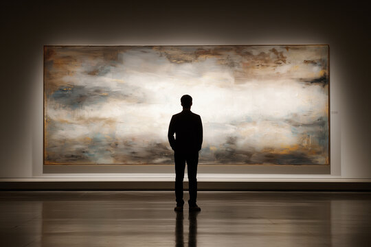 Person stands in front of large abstract painting in gallery, admiring artwork. scene captures moment of contemplation and appreciation for modern art, with soft lighting enhancing atmosphere
