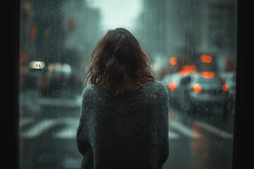 Person stands by window, gazing out at rainy cityscape. scene captures sense of solitude and reflection, with blurred lights and raindrops creating moody atmosphere