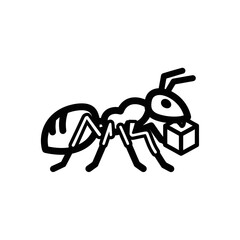 Minimalist black and white line art of an ant carrying a cube.
