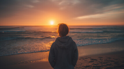 Person stands on sandy beach, gazing at stunning sunset over ocean. warm colors of sky reflect on water, creating serene and peaceful atmosphere