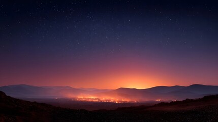 Fototapeta premium Starry night sky above mountains with a fiery glowing horizon