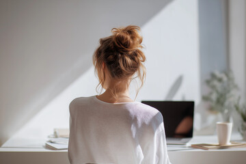 Person with messy bun hairstyle sits at white desk, gazing out of bright window. scene is serene, with natural light illuminating workspace, creating calm atmosphere