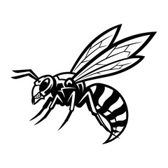 Detailed Black and White Illustration of a Flying Wasp.