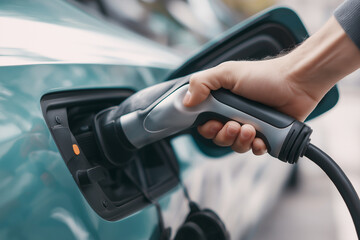 Charging electric car close up of hand holding charging plug modern technology eco friendly vehicle sustainable energy urban environment electric vehicle charging station green transportation