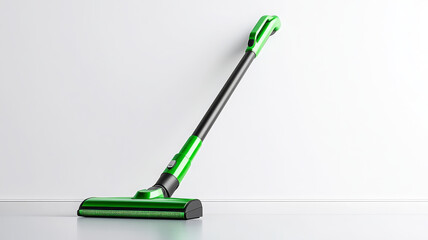 Minimalist cordless handheld vacuum cleaner with green accents leans on white wall