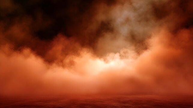 Dramatic scene of dense fiery orange and red smoke or fog billowing over a dark textured ground creating an atmospheric and mysterious backdrop
