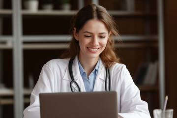 Female doctor smiles while having video consultation on laptop, showcasing professional and friendly demeanor. setting is warm and inviting, emphasizing modern healthcare environment